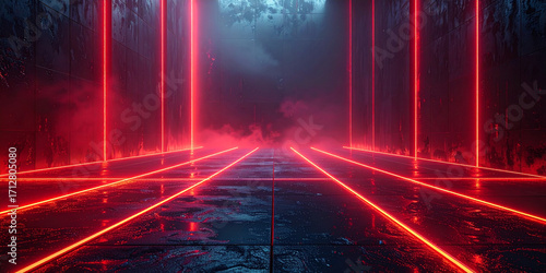 Red Neon Laser Beams in Dark Forest Path