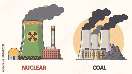 Comparison of nuclear and coal power plants with smoke emitting cooling towers and smokestacks