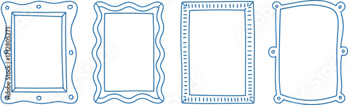 Collection of four decorative hand drawn rectangular frames with unique ornate borders in blue ink