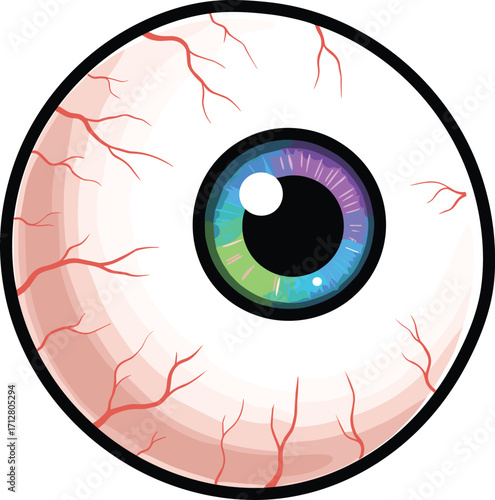 Cartoon eyeball illustration with colorful iris and red veins, spooky Halloween scary eye artwork, creepy fantasy monster design, detailed horror vector art