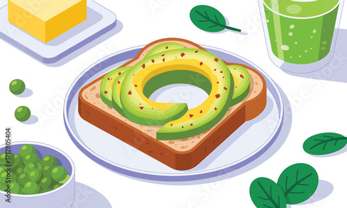 Healthy avocado toast with green smoothie and butter top view illustration