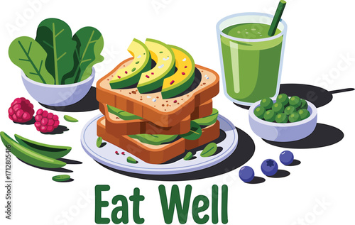 Healthy vegetarian sandwich with fresh avocado and green smoothie for a nutritious meal