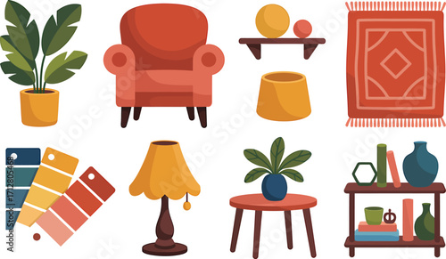 Collection of cozy home decor items including a plush armchair potted plants a patterned rug and decorative shelving