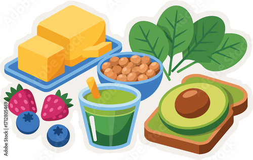 Healthy breakfast ingredients including avocado toast smoothie berries and butter
