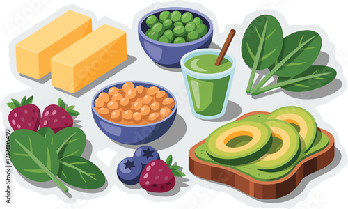 Healthy breakfast ingredients including avocado toast green smoothie berries butter peas and chickpeas
