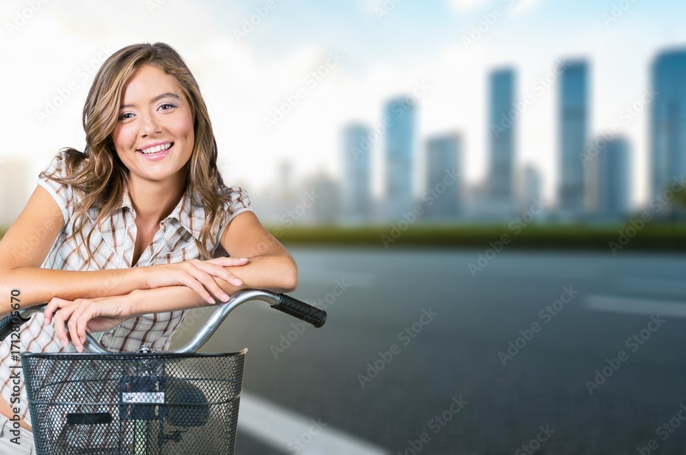 Fototapeta premium Happy young female tourist visiting new city