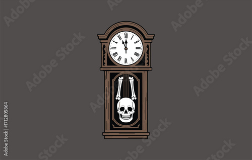 Spooky vintage grandfather clock illustration with skull pendulum, creepy bones, Halloween horror design, gothic haunted house decoration, scary midnight countdown theme for parties