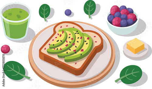 Healthy avocado toast with green smoothie and fresh berries for a nutritious breakfast