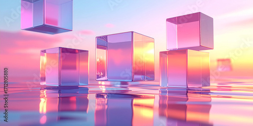 Dynamic Arrangement of Translucent Cubes Reflecting a Serene Gradient Sky, Merging Abstract Geometry with Dreamlike Hues on a Polished Surface