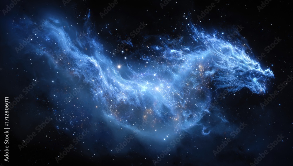 Fototapeta premium Celestial dragon nebula, swirling blue light against a starry void