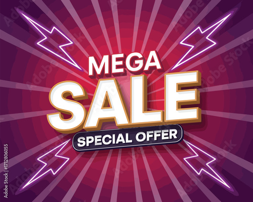 Mega sale special offer with lightning bolts and radial background