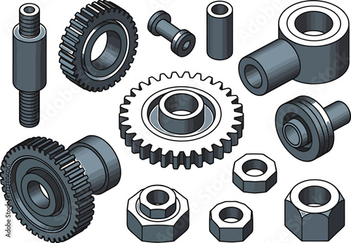 Collection of various metal machine parts including gears nuts bolts and cylindrical components isolated on a white background