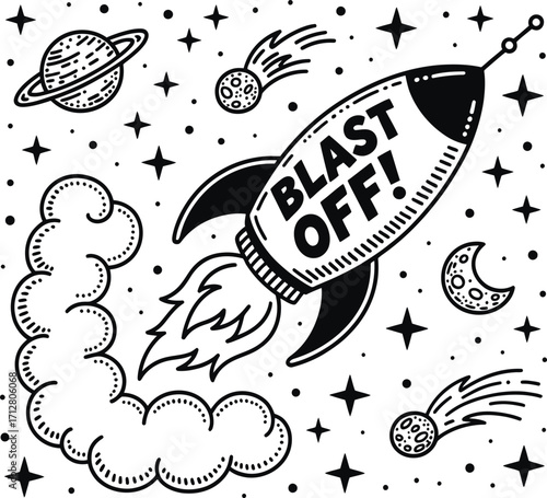 Whimsical hand drawn rocket ship blasting off into a starry sky with planets and comets