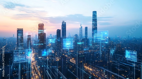 Futuristic city skyline with glowing digital data streams at dusk