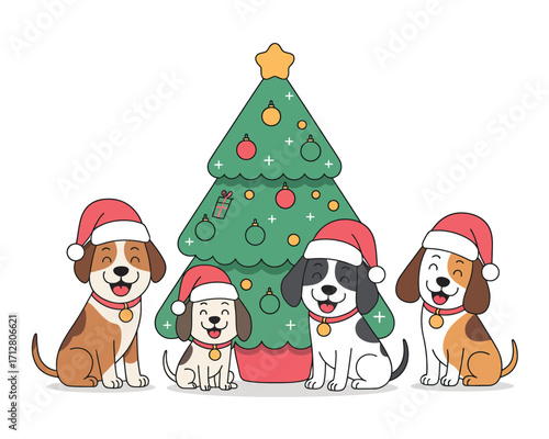 Adorable dogs in santa hats celebrating christmas together