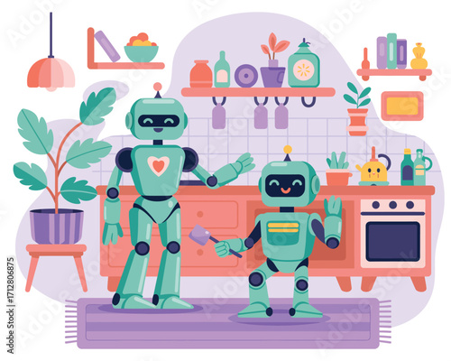 Cute friendly robots performing daily tasks illustration