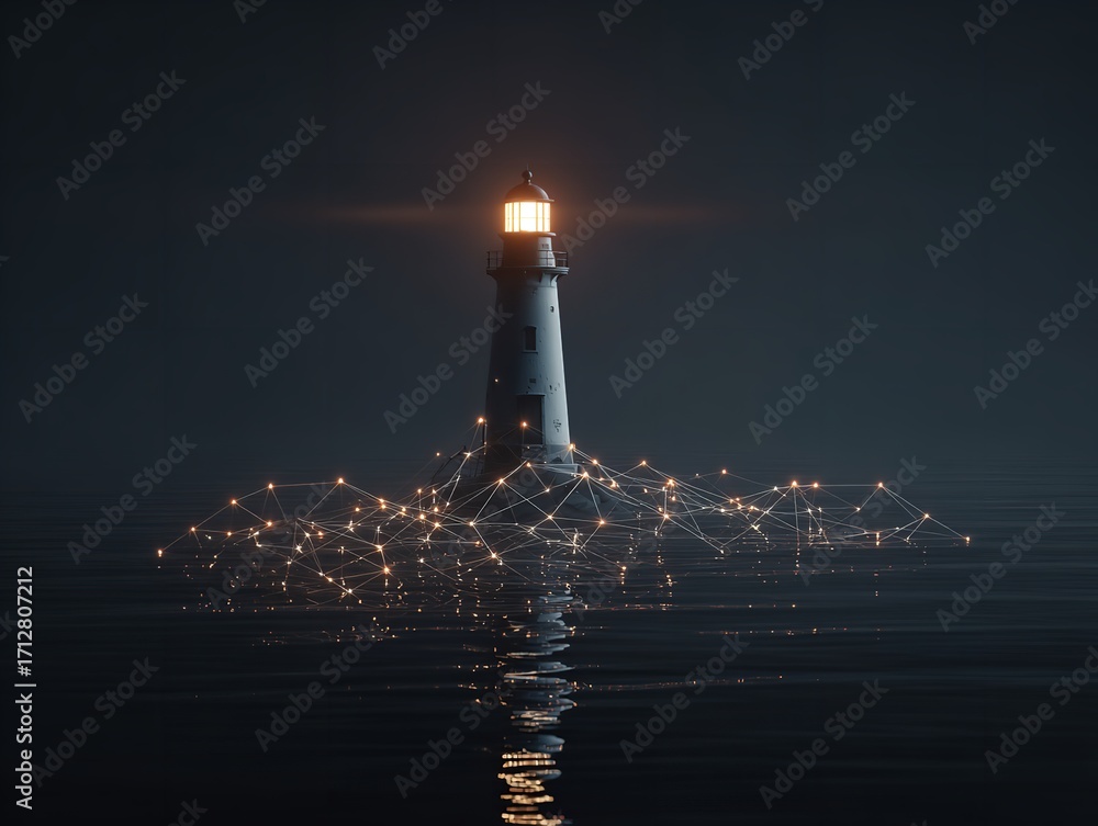 Naklejka premium Minimalist 3D Lighthouse in Ocean with Glowing Light and Network Connections on Dark Background