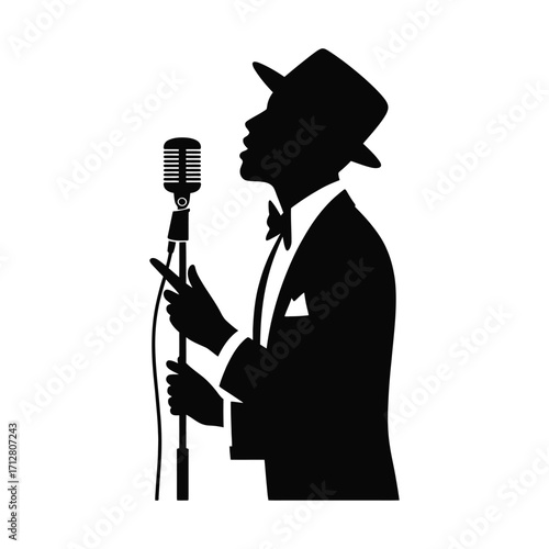 Jazz singer silhouette with vintage microphone stand performing on stage isolated black and white vector illustration