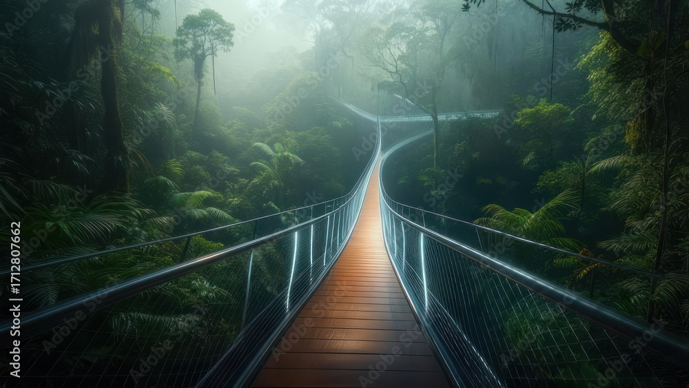 Obraz premium Misty jungle suspension bridge
