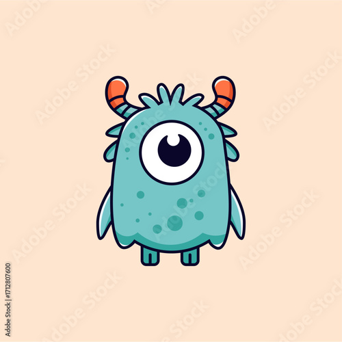 A cute cartoon illustration of a blue one-eyed monster with orange striped horns, tiny legs, and a friendly appearance. The playful design features soft rounded shapes and a pastel background, making 