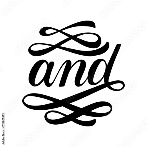 A beautiful vector illustration of the word "and" in a flowing, elegant, hand-lettered script. The design features sophisticated swirls and decorative flourishes above and below the text, all in black