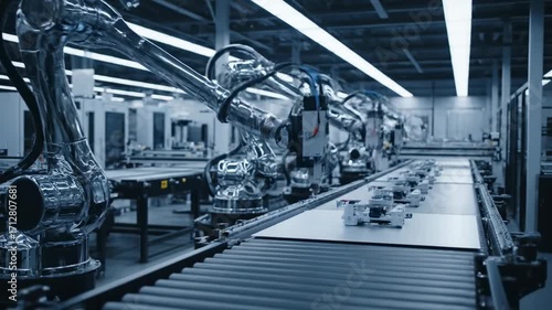 Wallpaper Mural Robotic Arms in Automated Manufacturing - Multiple robotic arms work in a modern industrial facility, precisely assembling components on a moving conveyor belt. Torontodigital.ca