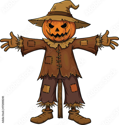 Scary Halloween scarecrow with evil pumpkin head, spooky stitched clothes, creepy straw details, wicked jack o lantern face, cartoon horror illustration