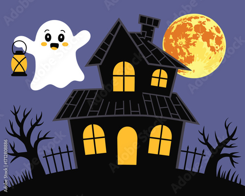 Cute ghost haunting a spooky house silhouette for halloween