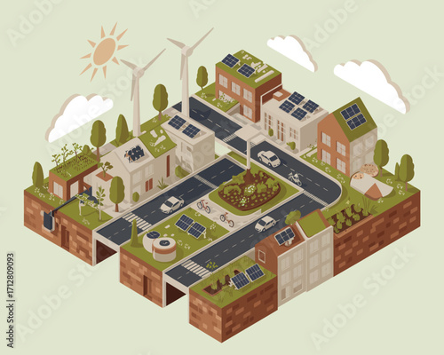 Futuristic isometric eco village with sustainable architecture and green spaces