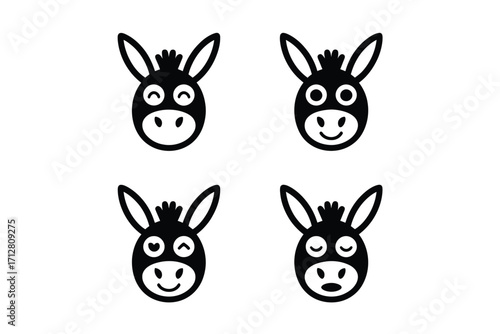 Minimalist donkey icon set in black and white