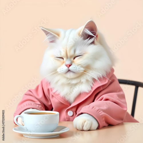 Sleepy cat with cup of coffee