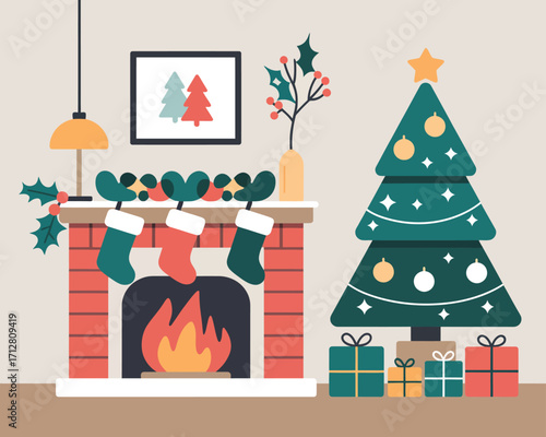Cozy minimalist living room scene with christmas decorations