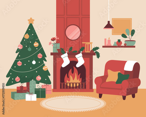 Cozy minimal living room decorated for christmas with a tree and gifts