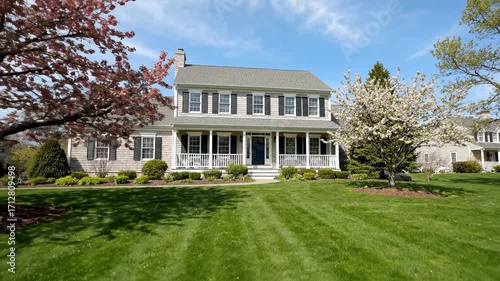 Spring Suburban House with Blooming Trees - A beautiful two-story suburban house with a wraparound porch is shown in springtime.