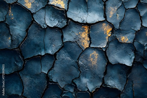 Close up shot of cracked blue and gold surface with a texture resembling dried mud or earth