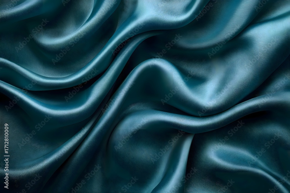 Fototapeta premium Close up shot of flowing teal silk fabric with soft folds and subtle light reflections