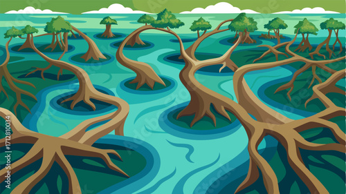 From above the tangled roots of the mangrove trees create a mesmerizing maze stretching out into the calm waters of the lagoon.