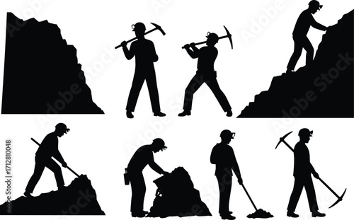Silhouette miners working with pickaxe shovel, mining labor industry, excavation geology tools, underground resource extraction, hard work occupation profession laborer
