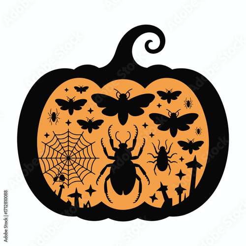 Spooky halloween pumpkin cutouts with creepy insect swarm illustration