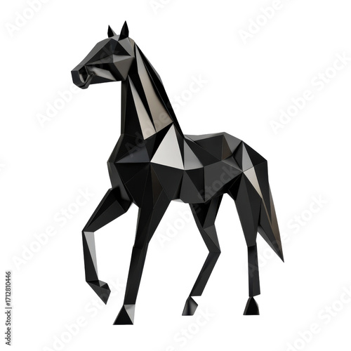 Black polygonal horse figurine geometric 3D sculpture isolated