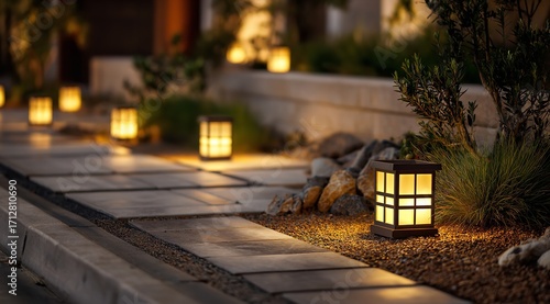 Modern LED Garden Lighting Highlighting Stone Path and Surrounding Greenery in Tranquil Setting