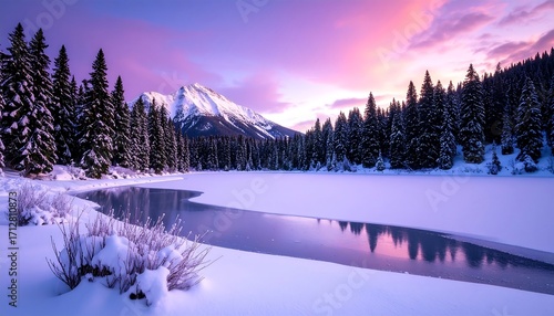 Snowy Mountain Lake at Sunset with Forest and Reflections