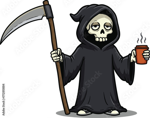 Funny Grim Reaper cartoon illustration holding scythe and coffee cup, spooky skeleton character in black hooded cloak, Halloween dark humor artwork design
