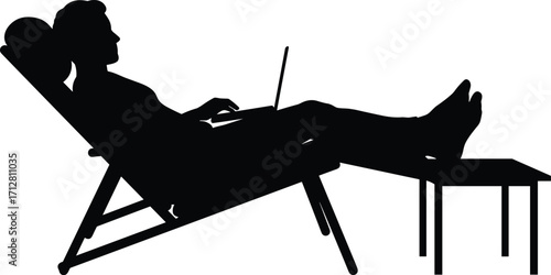 Silhouette person reclining lounge chair using laptop, drink on table, remote work lifestyle, comfort relaxation technology leisure illustration art