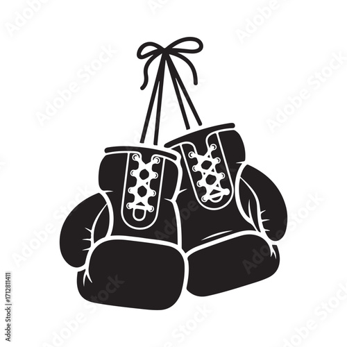 Black boxing gloves hanging by laces sport fighting