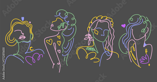 Set of women's colored line art silhouettes in aesthetic style. Vector illustration.