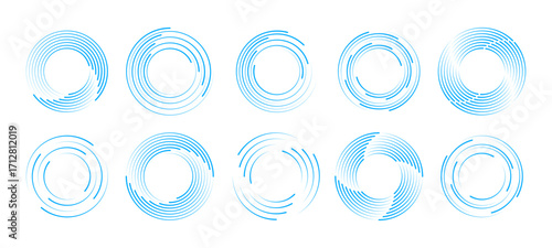 Futuristic geometric spiral twists in abstract motion with modern blue lines. Circular elements and digital curves create a trendy design for web and visual art.