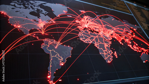 Futuristic global network connection visualizing data across world map. significant economic risk appears because ai technology shows urgent and complex viral spread