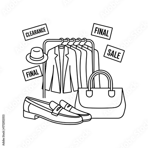Outline vector illustration of a fashion clearance sale with clothing and accessories