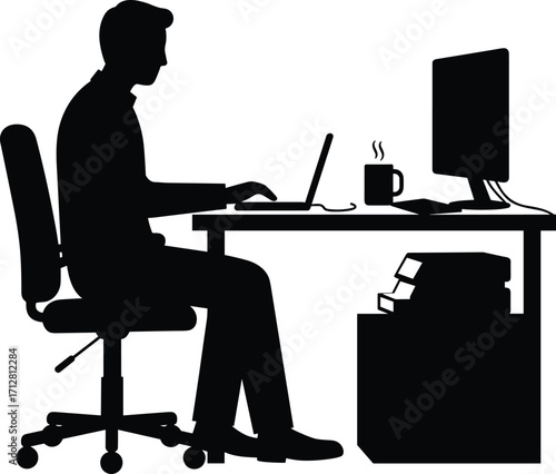 Silhouette person working at desk with laptop, coffee mug, books, office home workspace, remote work productivity illustration, professional lifestyle art
